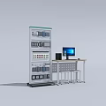 Industrial Equipment Including Control Cabinet With Buttons Meters And Computer On Table
