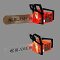 Two Red And Orange Chainsaw Weapons With BLAME Logo Design Features