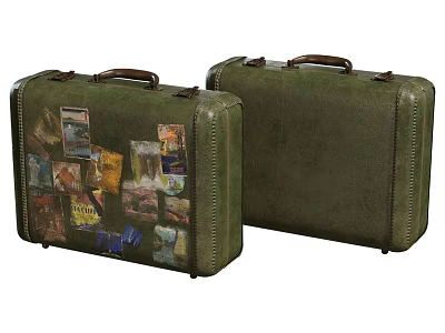 Two Vintage Green Leather Suitcases One Decorated With Travel Stickers 3d model