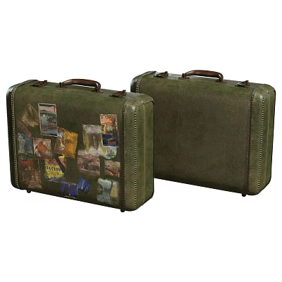 Two Vintage Green Leather Suitcases One Decorated With Travel Stickers 3d model