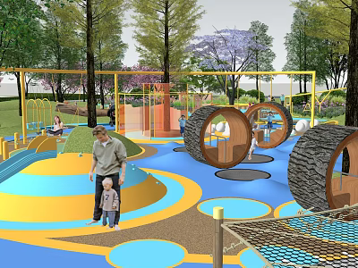 Vibrant Children's Playground With Adults Kids Colorful Ground Slides Netting And Trees 3d model