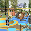 Vibrant Children's Playground With Adults Kids Colorful Ground Slides Netting And Trees