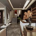 Traditional Storefront Reception With Circular Decor And Bonsai 3d model