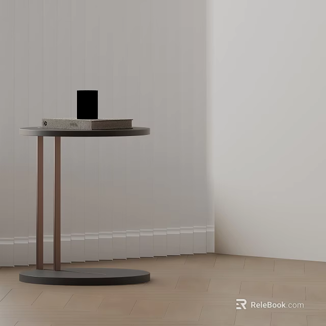 Round Dark Side Table With Metal Legs Books And Black Object On White Wall 3d model 