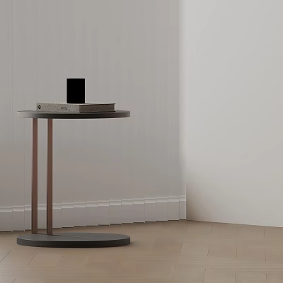 Round Dark Side Table With Metal Legs Books And Black Object On White Wall 3d model Round Dark Side Table With Metal Legs Books And Black Object On White Wall 3d model