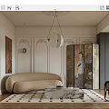 Elegant Living Room Interior with Beige Sofa Chinese Screen Marble Coffee Table Black White Rug