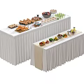 Long Dining Tables With White Tablecloths Displaying Various Foods Including Bread Fruits Desserts And Beverages