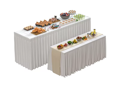 Long Dining Tables With White Tablecloths Displaying Various Foods Including Bread Fruits Desserts And Beverages 3d model