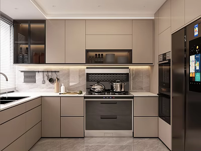 Modern Kitchen Interior With Gray Cabinets White Countertop Stove And Stainless Steel Refrigerator 3d model