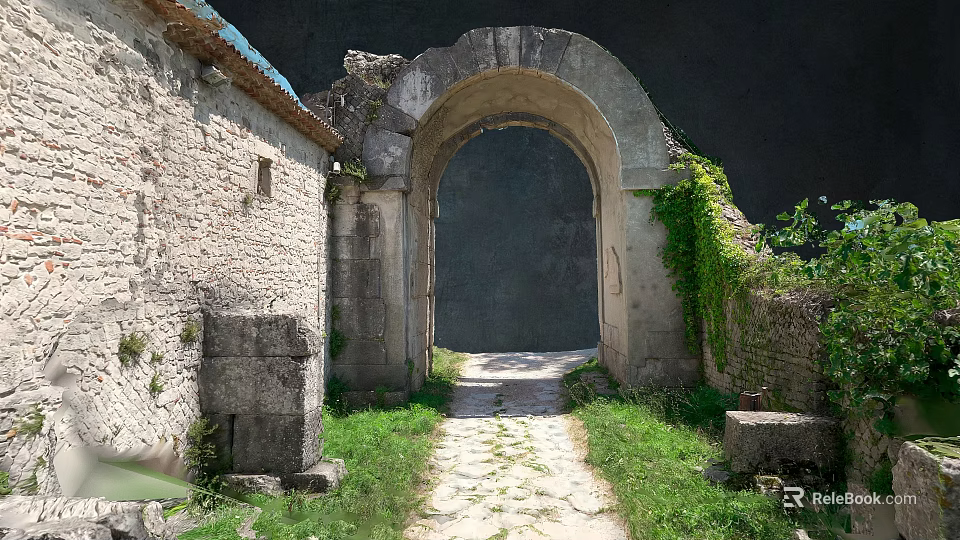 Scenic View of Ancient Stone Arch with Stone Path Green Grass and Old Stone Walls 3d model 