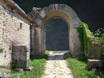 Scenic View of Ancient Stone Arch with Stone Path Green Grass and Old Stone Walls 3d model