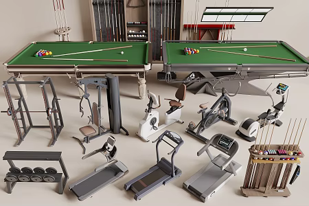 Sports Equipment Fitness Equipment Treadmill Billiard Table Billiard Cue Power Bike 3d model