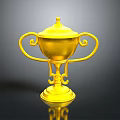 Golden Trophy With Ornate Handles Lid And Shiny Base Design