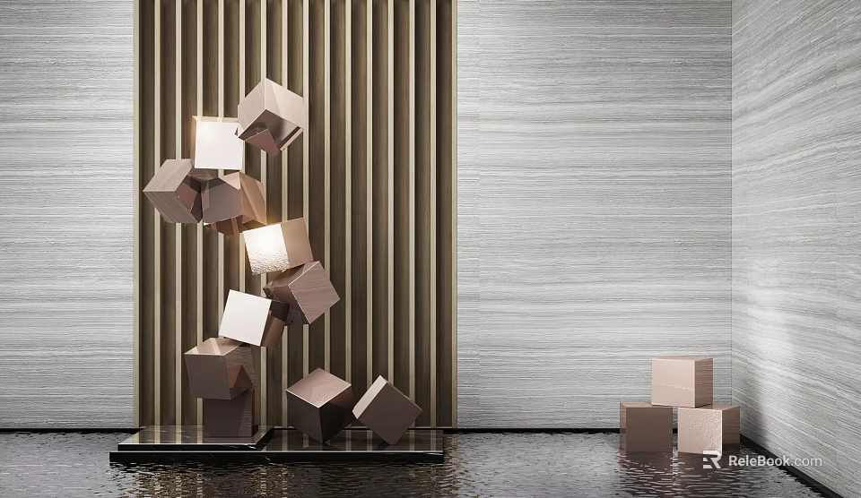 Modern Geometric Sculpture Featuring Stacked Copper White Cubes Against Striped Wall And Reflective Floor 3d model 
