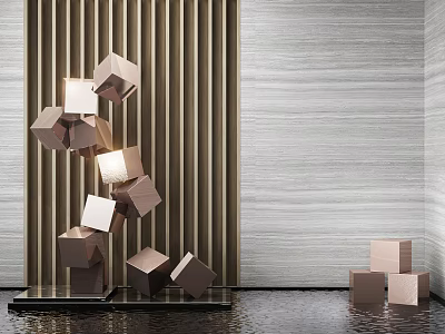 Modern Geometric Sculpture Featuring Stacked Copper White Cubes Against Striped Wall And Reflective Floor 3d model