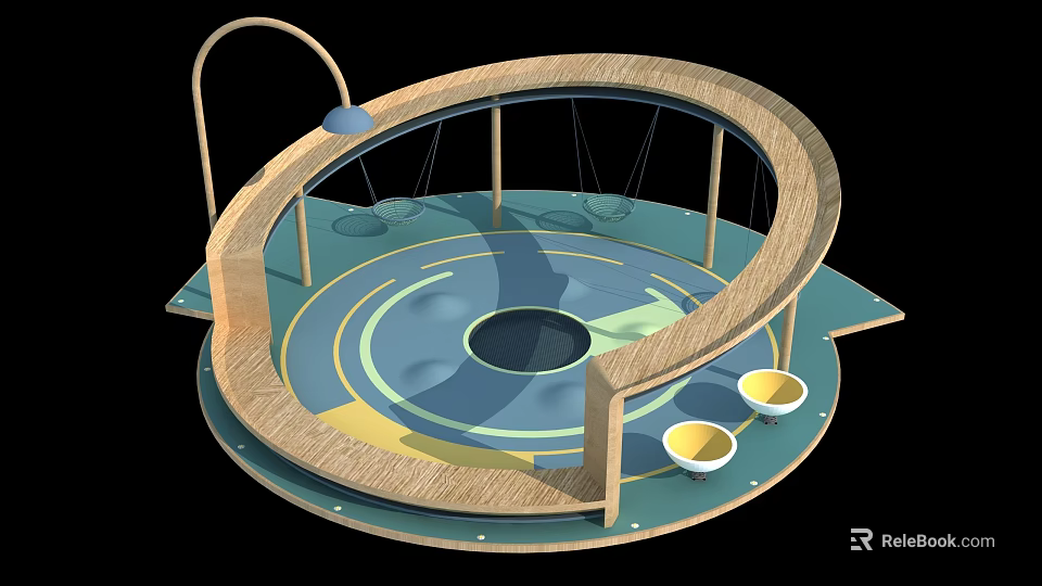 Colorful Children's Play Area With Wooden Frame Swings Bowl Seats And Circular Floor 3d model 