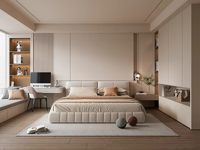 Modern Neutral Tones Bedroom With Upholstered Bed Desk Chair Rug And Decorative Orbs 3d model