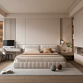 Modern Neutral Tones Bedroom With Upholstered Bed Desk Chair Rug And Decorative Orbs