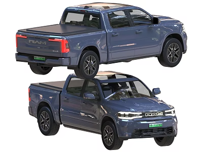 Two Blue Dodge Pickup Trucks With Black Alloy Wheels And Different Cab Styles 3d model