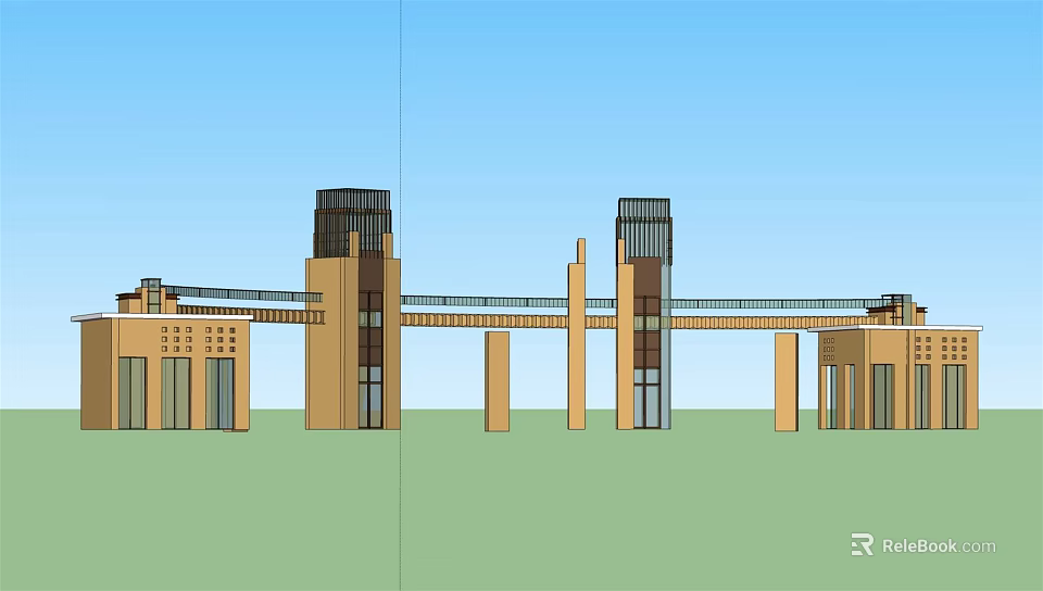 Modern Architectural Entrance Gate Design With Tall Towers And Connecting Bridges Brick Facade 3d model 