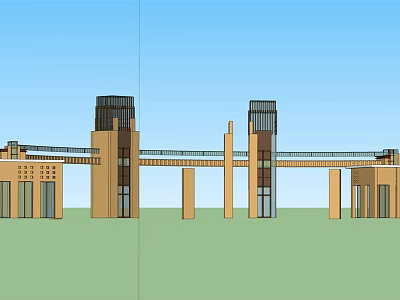 Modern Architectural Entrance Gate Design With Tall Towers And Connecting Bridges Brick Facade 3d model