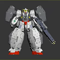 White Mecha Robot Figure With Red Feet Gray Armor Yellow Head And Long Weapon
