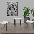 Modern Minimalist Stools With Wooden Legs And White Seats In Living Room Interior With Plants