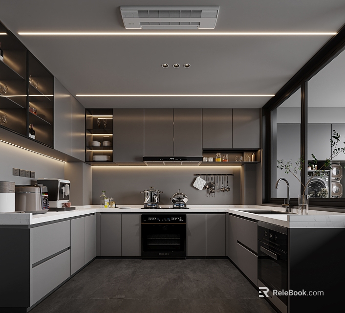 Modern Kitchen Interior With Gray Cabinets Central Counter Integrated Oven And Appliances 3d model 