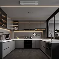 Modern Kitchen Interior With Gray Cabinets Central Counter Integrated Oven And Appliances