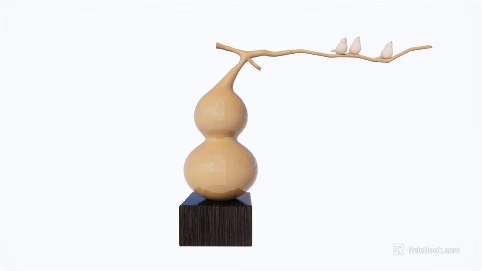 Decorative Ornament Set with Gourd Shaped Body Black Base and Branch with Small Birds 3d model 