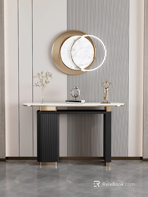 Modern Console Table with Circular Marble Mirror and Decorative Items on Striped Wall Background 3d model