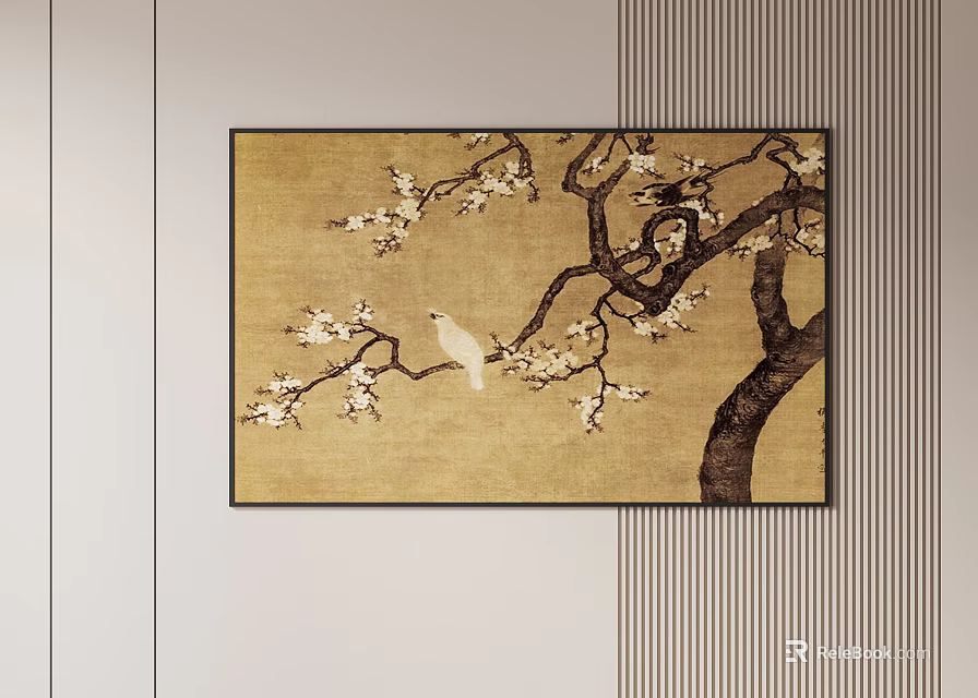Abstract Painting with Golden Background Tree Branch White Flowers and White Bird Hanging on Wall 3d model 