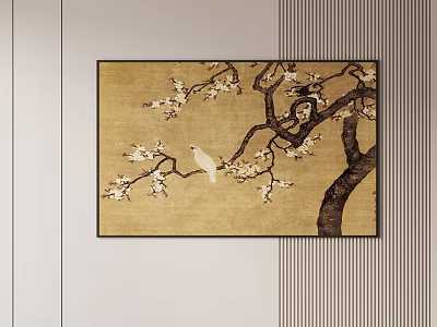 Abstract Painting with Golden Background Tree Branch White Flowers and White Bird Hanging on Wall 3d model