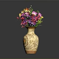 Vibrant Assorted Flowers Placed In Decorative Vase With Yellow Gold Floral Patterns