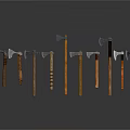 Various Axes With Different Heads And Wooden Handles Arranged In A Row