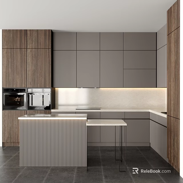 Modern Kitchen Interior With Gray Cabinets Wooden Accents And Island Countertop 3d model 