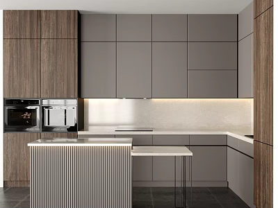 Modern Kitchen Interior With Gray Cabinets Wooden Accents And Island Countertop 3d model