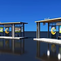 Modern Bus Stop With Shelter Billboards Blue Sky And Water Reflection