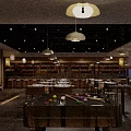 Cozy Restaurant Interior Featuring Wooden Tables Chairs Bookshelves And Hanging Pendant Lights