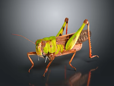 Detailed View of Green and Brown Grasshopper with Long Legs on Smooth Surface 3d model