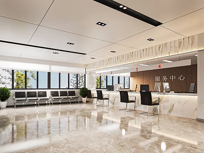 Modern Service Hall Interior With Spacious Waiting Area Marble Counter And Windows 3d model