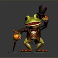 Frog Character In Top Hat And Brown Coat With Cane On Green Lily Pad