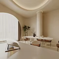 Modern Office Interior With Arched Window Circular Ceiling Light Desk Office Chair And Green Plant
