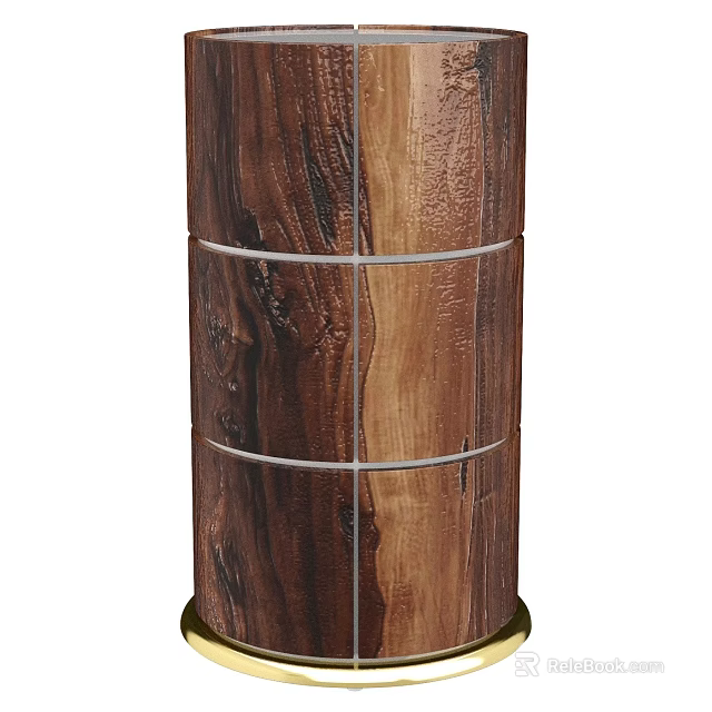 Modern Wooden Bedside Table With Cylindrical Structure And Metal Accent Bands 3d model 