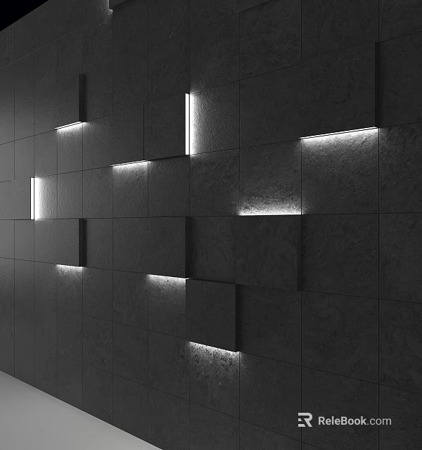 Modern Sofa Backdrop Wall Design With Stone Panels Geometric Pattern And Recessed Lighting 3d model 
