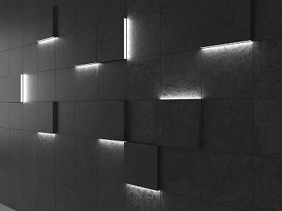 Modern Sofa Backdrop Wall Design With Stone Panels Geometric Pattern And Recessed Lighting 3d model