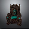 Ornate Dark Frame Chair With Green Cushioned Seat Glass Panel Backrest And Circular Armrest Accents