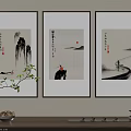 Three Panel Chinese Ink Landscape Paintings With Mountain Red Sun And Figure