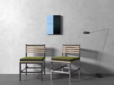 Dining Chairs With Wooden Backrest Green Padded Seats And Metal Legs In Modern Room 3d model