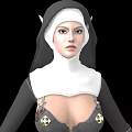 Woman in modern nun habit with high slit and gold accents shown from multiple angles